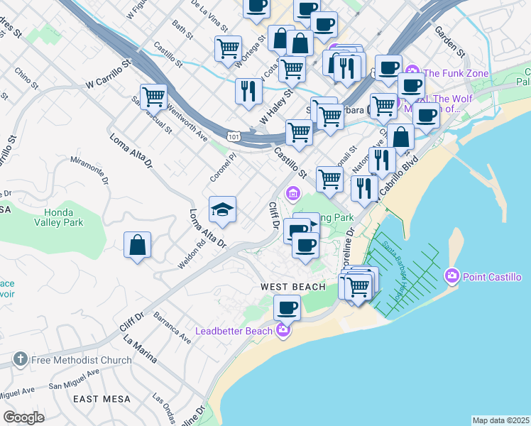 map of restaurants, bars, coffee shops, grocery stores, and more near 535 West Montecito Street in Santa Barbara