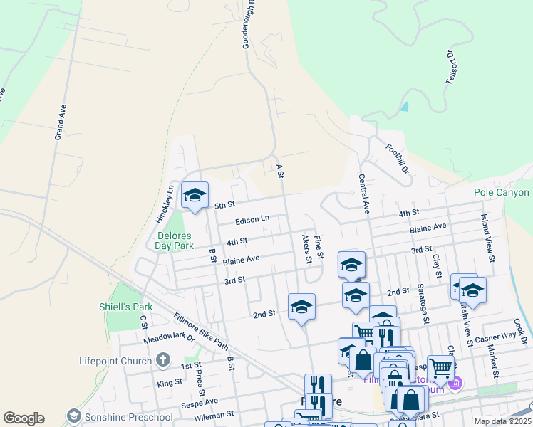 map of restaurants, bars, coffee shops, grocery stores, and more near 740 Edison Lane in Fillmore