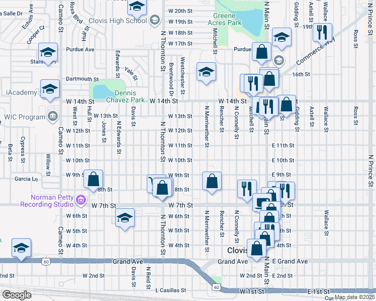 map of restaurants, bars, coffee shops, grocery stores, and more near 1012 Hinkle Street in Clovis