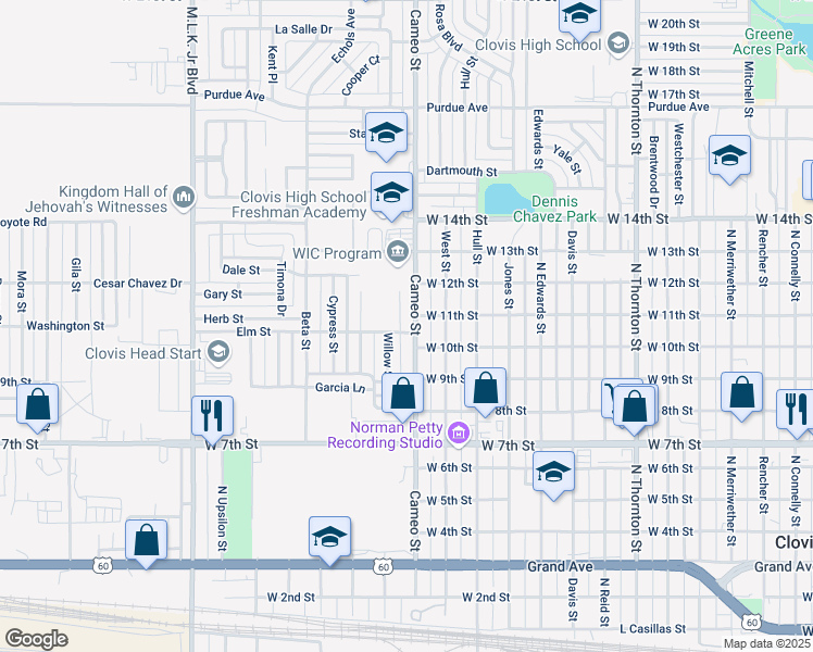 map of restaurants, bars, coffee shops, grocery stores, and more near 1000 Cameo Street in Clovis
