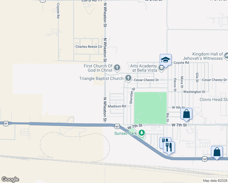 map of restaurants, bars, coffee shops, grocery stores, and more near 3824 Buchanan Court in Clovis