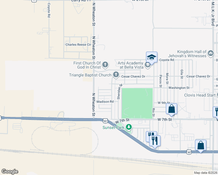 map of restaurants, bars, coffee shops, grocery stores, and more near 3405 Cesar Chavez Drive in Clovis