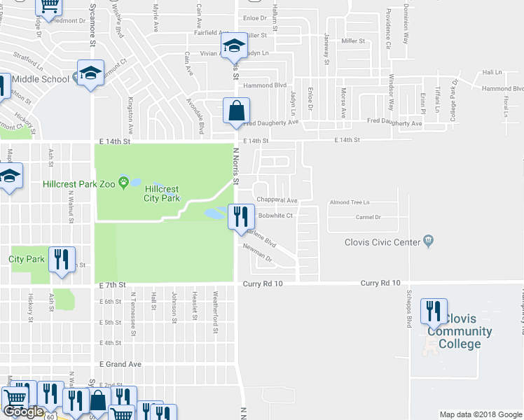 map of restaurants, bars, coffee shops, grocery stores, and more near 2120 Bobwhite Court in Clovis