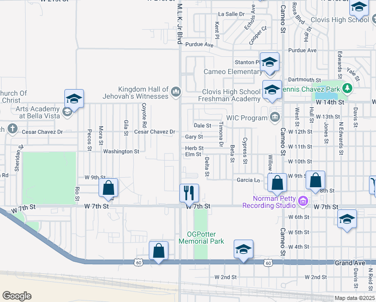 map of restaurants, bars, coffee shops, grocery stores, and more near 221 Herb Street in Clovis