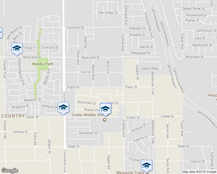 map of restaurants, bars, coffee shops, grocery stores, and more near 13589 Palm Street in Hesperia