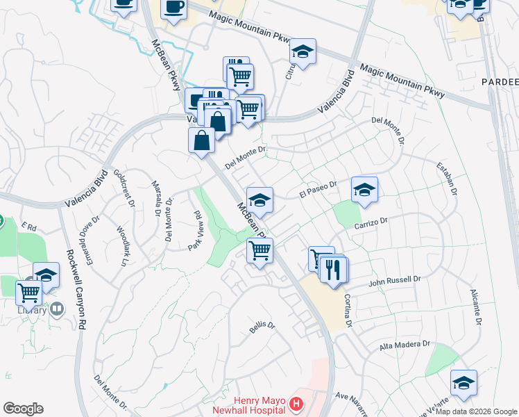 map of restaurants, bars, coffee shops, grocery stores, and more near 26216 Bungalow Court Drive in Santa Clarita