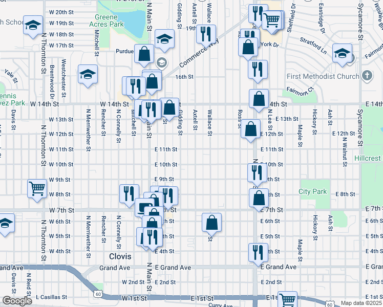 map of restaurants, bars, coffee shops, grocery stores, and more near 1015 Axtell Street in Clovis