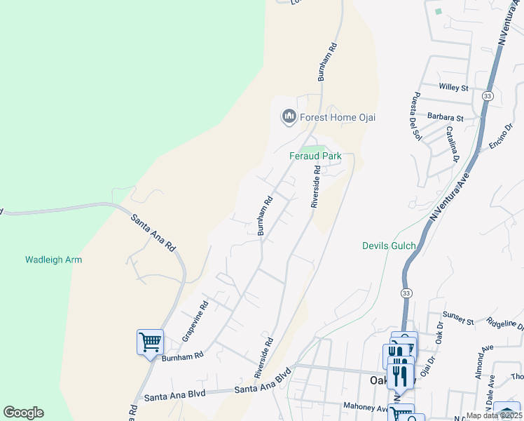 map of restaurants, bars, coffee shops, grocery stores, and more near Burnham Road in Oak View