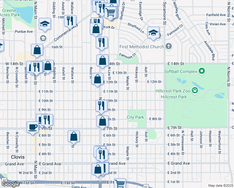 map of restaurants, bars, coffee shops, grocery stores, and more near 1016 North Oak Street in Clovis
