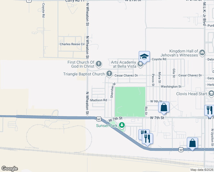 map of restaurants, bars, coffee shops, grocery stores, and more near 3405 Cesar Chavez Drive in Clovis