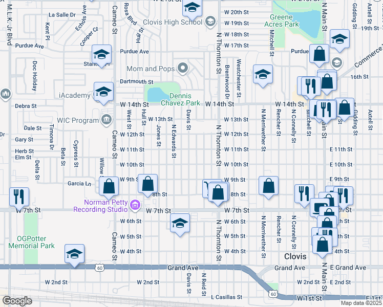 map of restaurants, bars, coffee shops, grocery stores, and more near 1017 Davis Street in Clovis