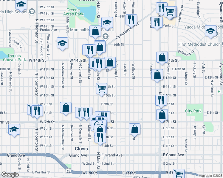 map of restaurants, bars, coffee shops, grocery stores, and more near 1019 Pile Street in Clovis