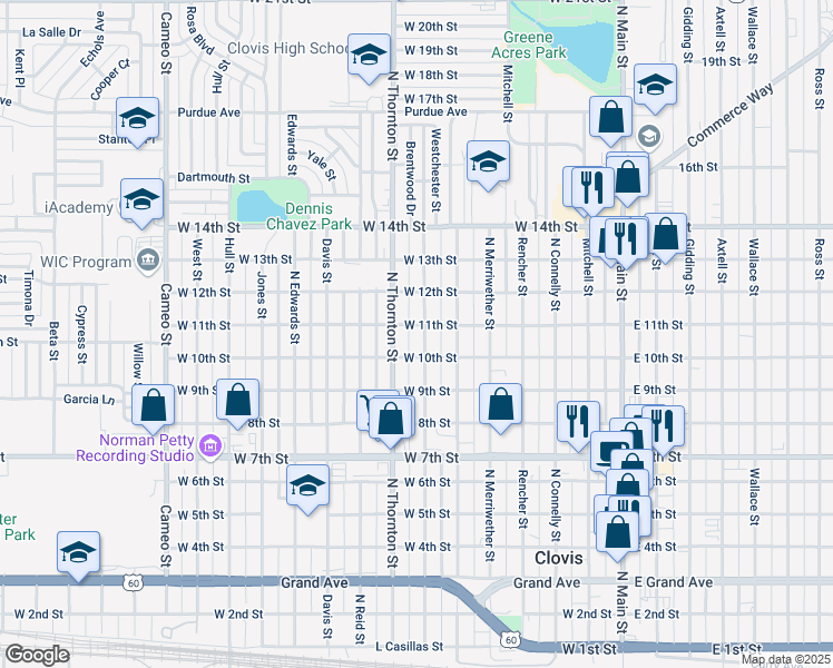 map of restaurants, bars, coffee shops, grocery stores, and more near 1016 Calhoun Street in Clovis