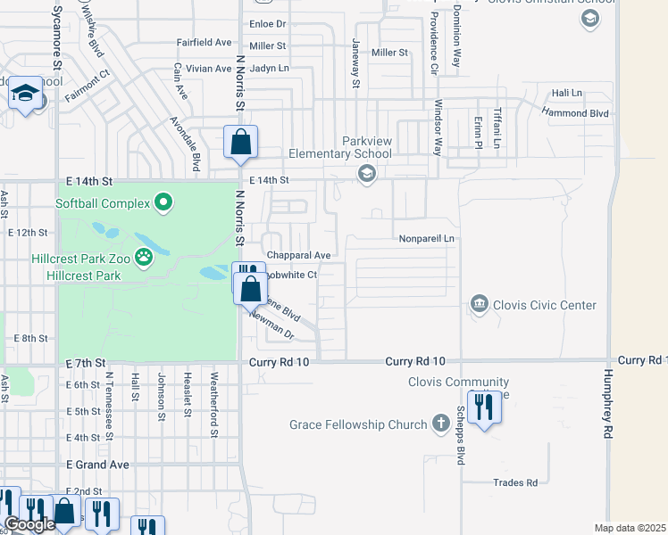 map of restaurants, bars, coffee shops, grocery stores, and more near 2312 Bobwhite Court in Clovis