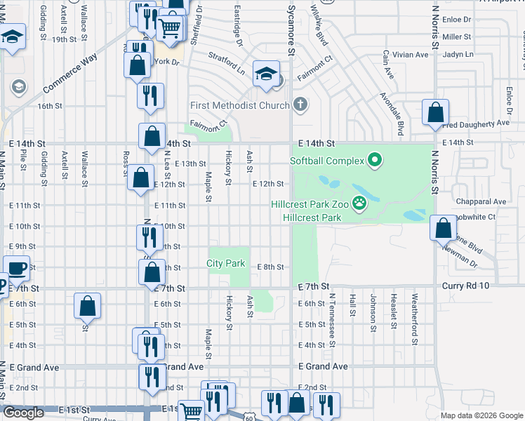 map of restaurants, bars, coffee shops, grocery stores, and more near 1016 North Walnut Street in Clovis