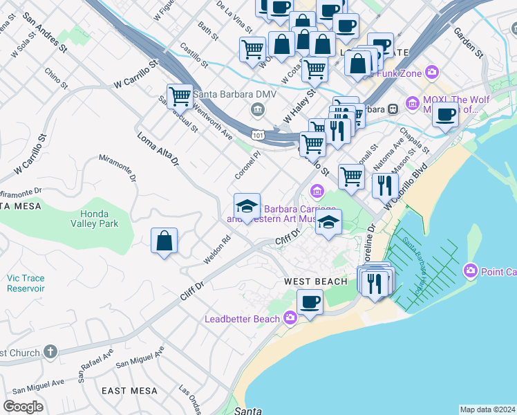 map of restaurants, bars, coffee shops, grocery stores, and more near 323 Ladera Street in Santa Barbara