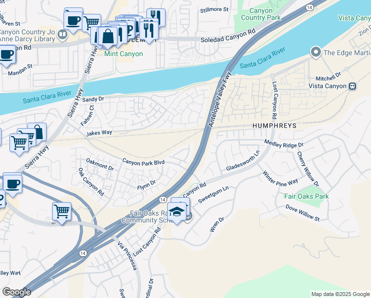 map of restaurants, bars, coffee shops, grocery stores, and more near 27203 Marisa Drive in Los Angeles County
