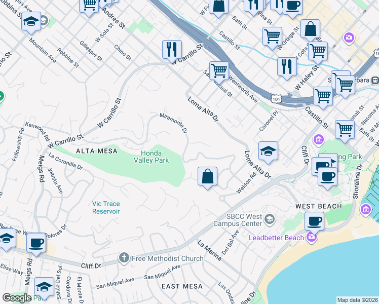 map of restaurants, bars, coffee shops, grocery stores, and more near 710 Miramonte Drive in Santa Barbara