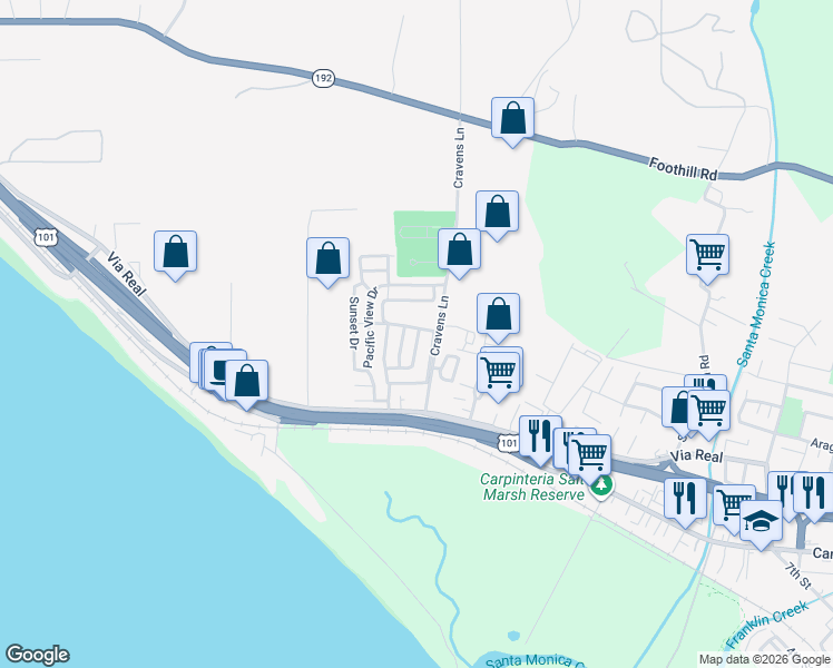 map of restaurants, bars, coffee shops, grocery stores, and more near 3950 Via Real in Carpinteria