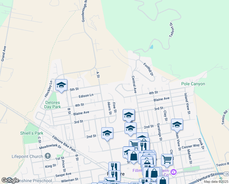 map of restaurants, bars, coffee shops, grocery stores, and more near 813 Woodgrove Road in Fillmore