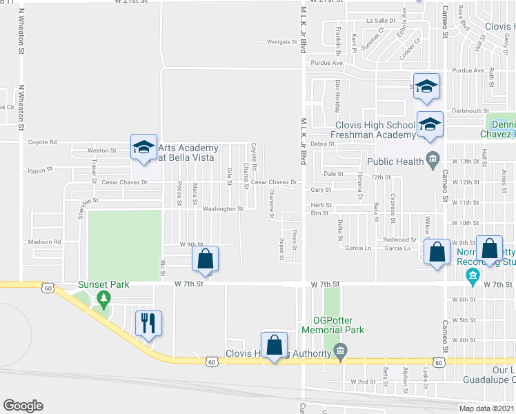 map of restaurants, bars, coffee shops, grocery stores, and more near 1100 Alma Street in Clovis