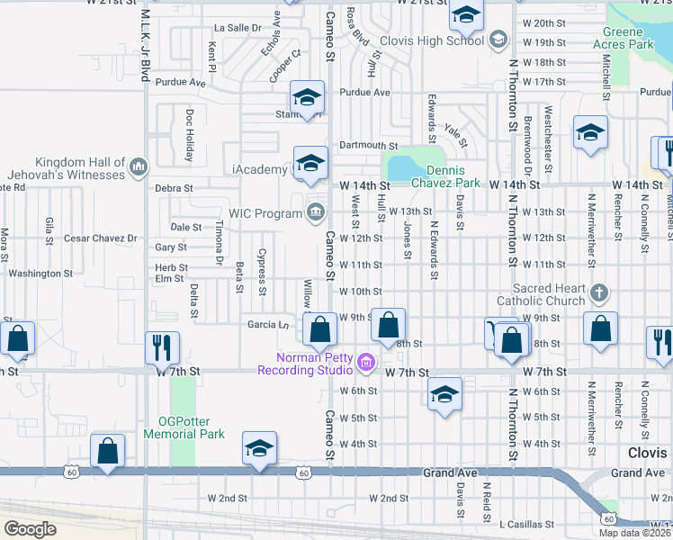 map of restaurants, bars, coffee shops, grocery stores, and more near 1015 Cameo Street in Clovis