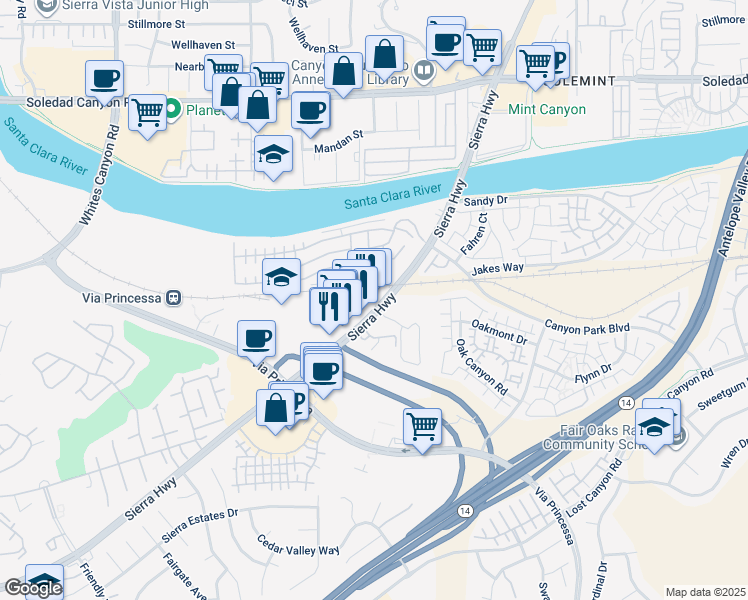 map of restaurants, bars, coffee shops, grocery stores, and more near 27125 Sierra Highway in Santa Clarita