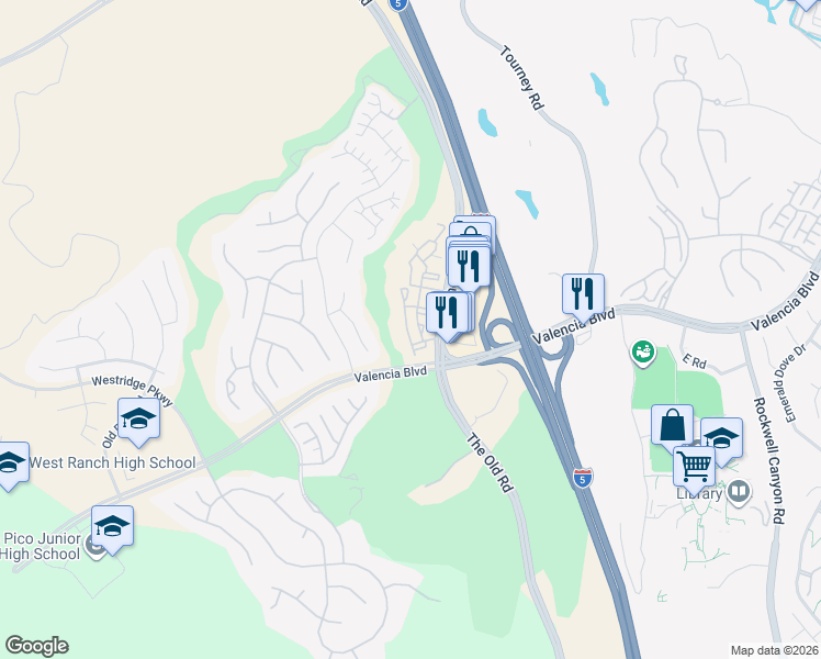 map of restaurants, bars, coffee shops, grocery stores, and more near 25330 Silver Aspen Way in Stevenson Ranch
