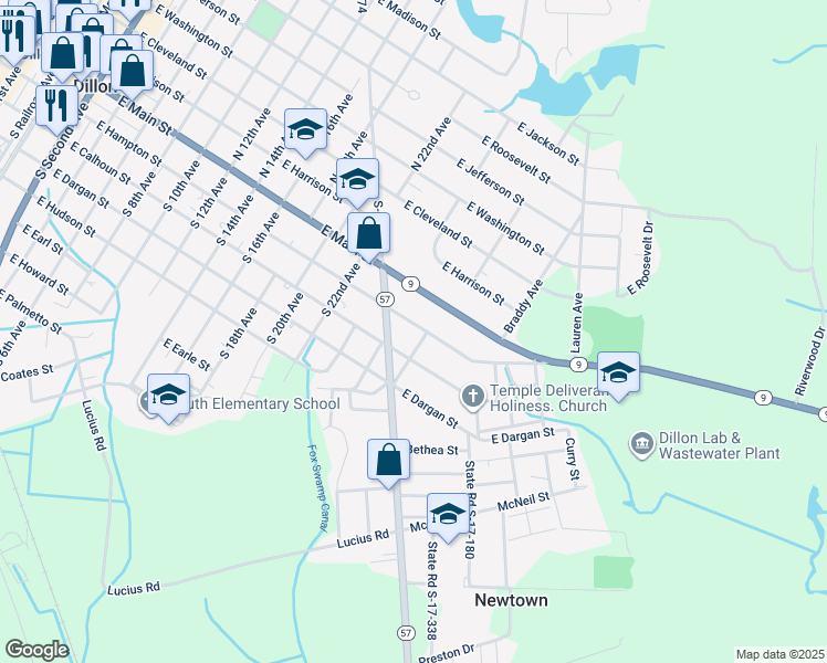 map of restaurants, bars, coffee shops, grocery stores, and more near 1314 East Hampton Street in Dillon