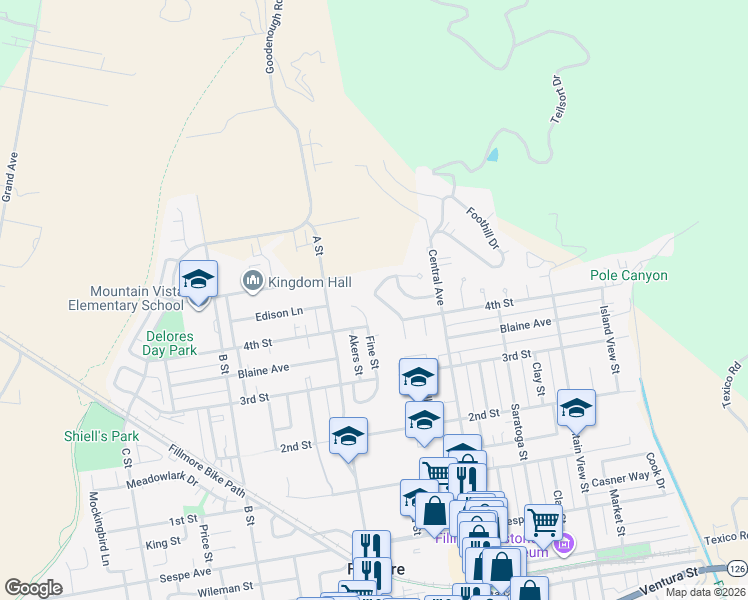 map of restaurants, bars, coffee shops, grocery stores, and more near 813 Woodgrove Road in Fillmore