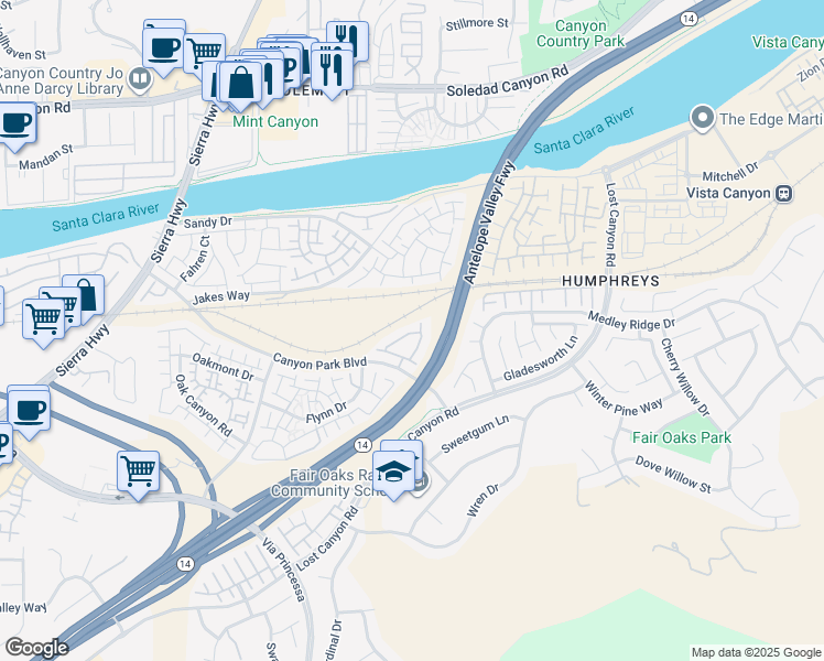 map of restaurants, bars, coffee shops, grocery stores, and more near 27231 Marisa Drive in Santa Clarita