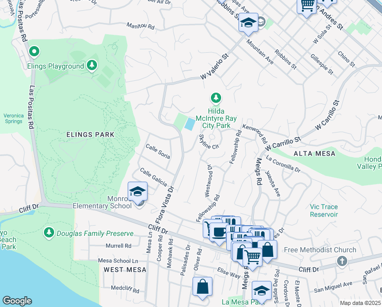 map of restaurants, bars, coffee shops, grocery stores, and more near 2345 Skyline Way in Santa Barbara