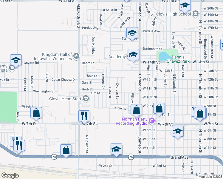 map of restaurants, bars, coffee shops, grocery stores, and more near 1005 Beta Street in Clovis