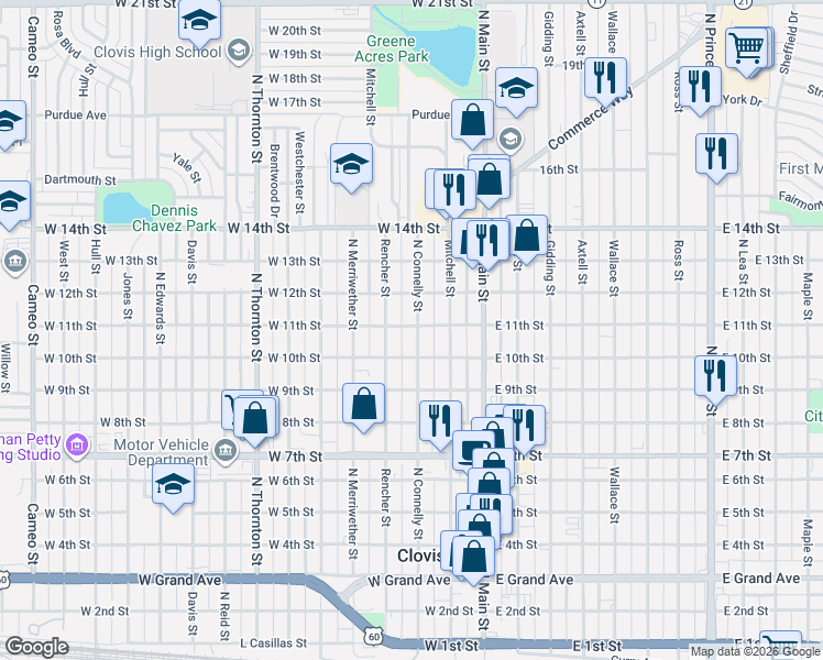 map of restaurants, bars, coffee shops, grocery stores, and more near 1015 North Connelly Street in Clovis