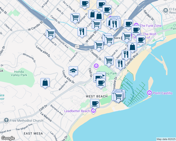 map of restaurants, bars, coffee shops, grocery stores, and more near 535 West Montecito Street in Santa Barbara