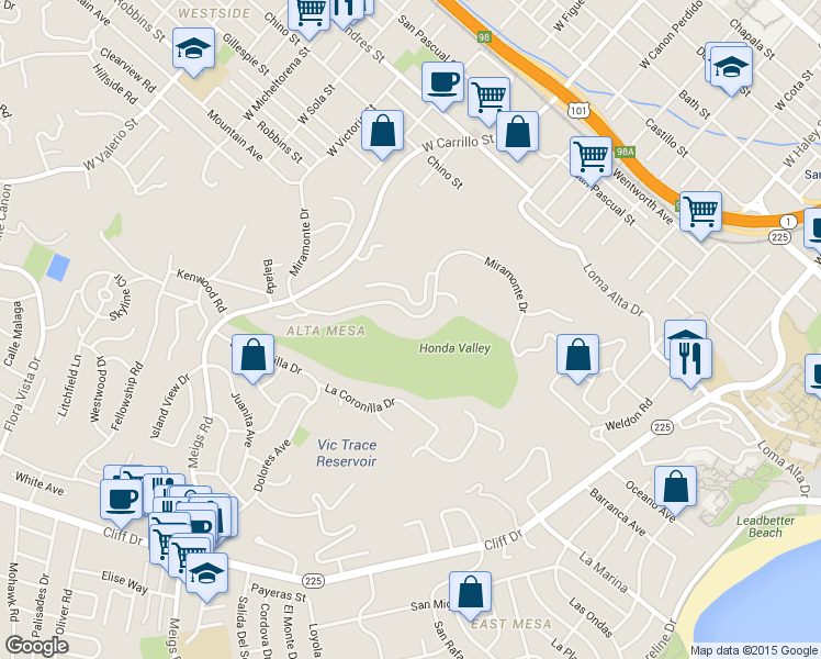 map of restaurants, bars, coffee shops, grocery stores, and more near 981 Miramonte Drive in Santa Barbara