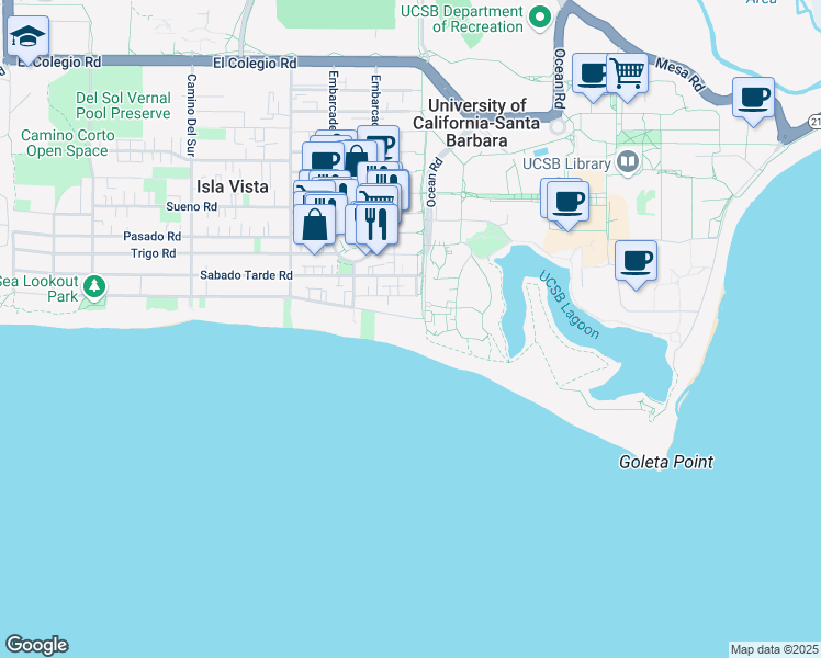 map of restaurants, bars, coffee shops, grocery stores, and more near 6517 Del Playa Drive in Goleta