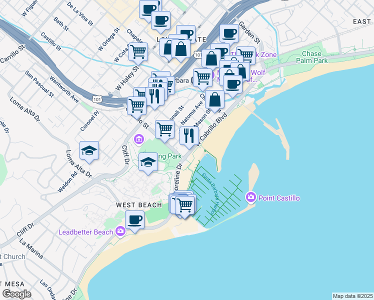 map of restaurants, bars, coffee shops, grocery stores, and more near 336 West Cabrillo Boulevard in Santa Barbara