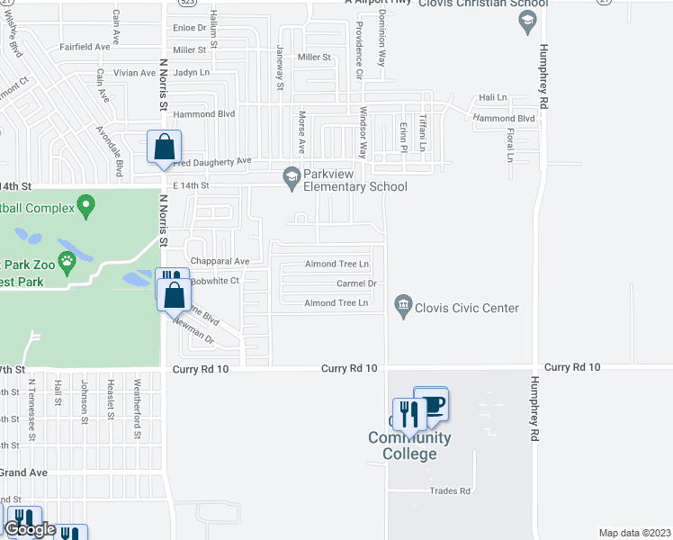 map of restaurants, bars, coffee shops, grocery stores, and more near 201 Almond Tree Lane in Clovis