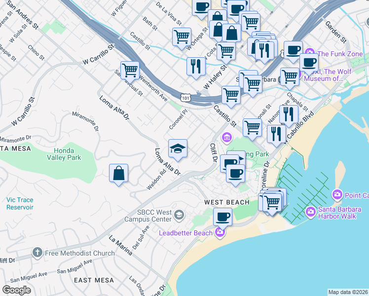 map of restaurants, bars, coffee shops, grocery stores, and more near 327 Ladera Street in Santa Barbara