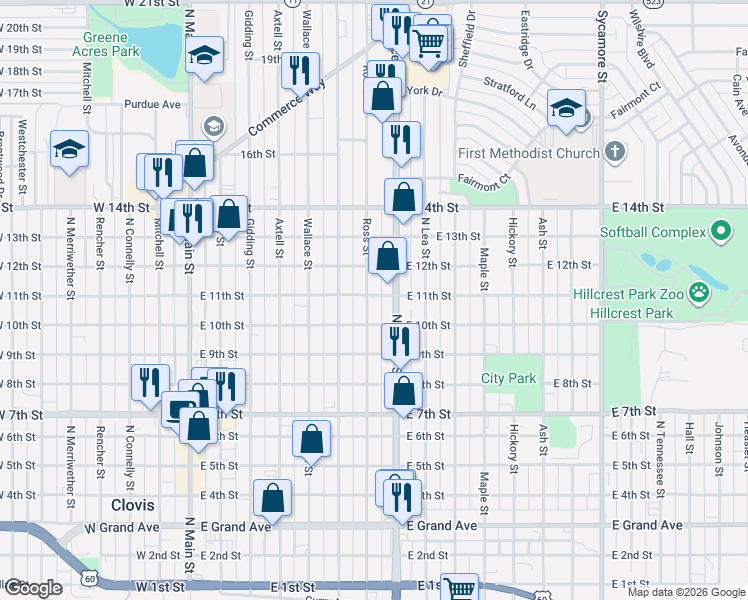 map of restaurants, bars, coffee shops, grocery stores, and more near 701 East 11th Street in Clovis