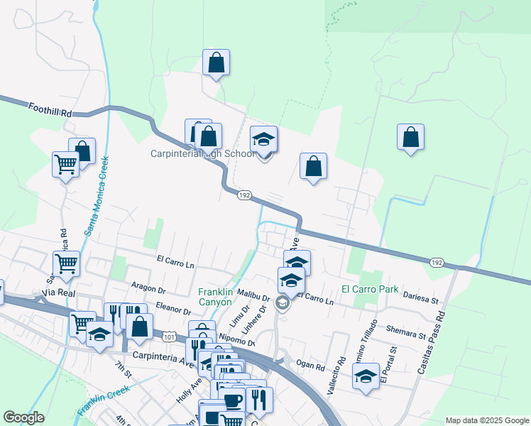 map of restaurants, bars, coffee shops, grocery stores, and more near 4849 Foothill Road in Carpinteria