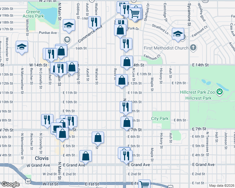 map of restaurants, bars, coffee shops, grocery stores, and more near 701 East 11th Street in Clovis