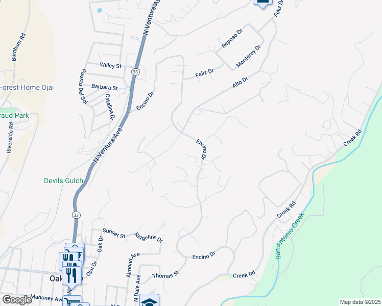 map of restaurants, bars, coffee shops, grocery stores, and more near 10951 Encino Drive in Oak View
