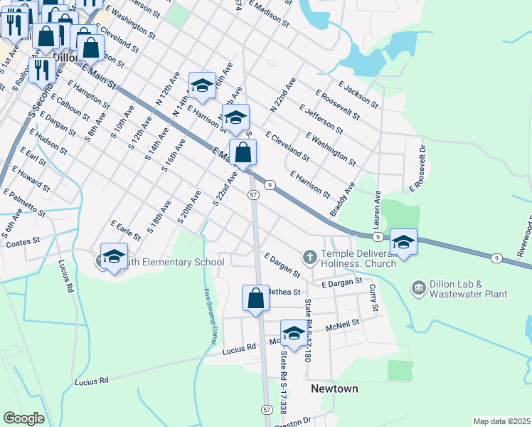 map of restaurants, bars, coffee shops, grocery stores, and more near 1314 East Hampton Street in Dillon
