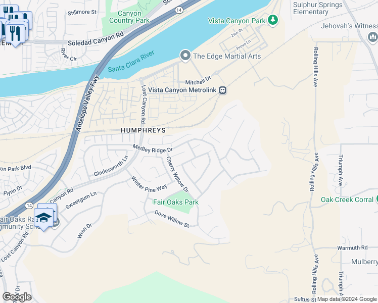 map of restaurants, bars, coffee shops, grocery stores, and more near 27217 Icy Willow Lane in Santa Clarita