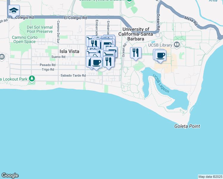 map of restaurants, bars, coffee shops, grocery stores, and more near 6517 Del Playa Drive in Goleta