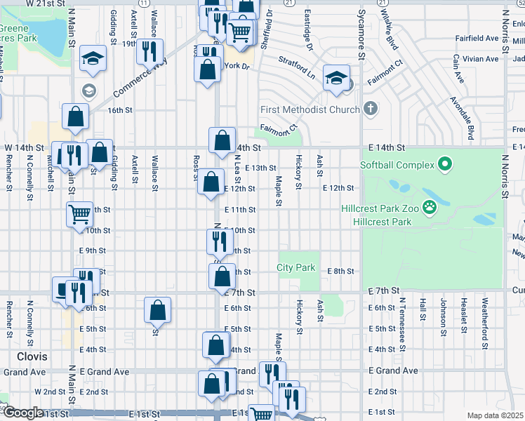 map of restaurants, bars, coffee shops, grocery stores, and more near 1013 North Oak Street in Clovis