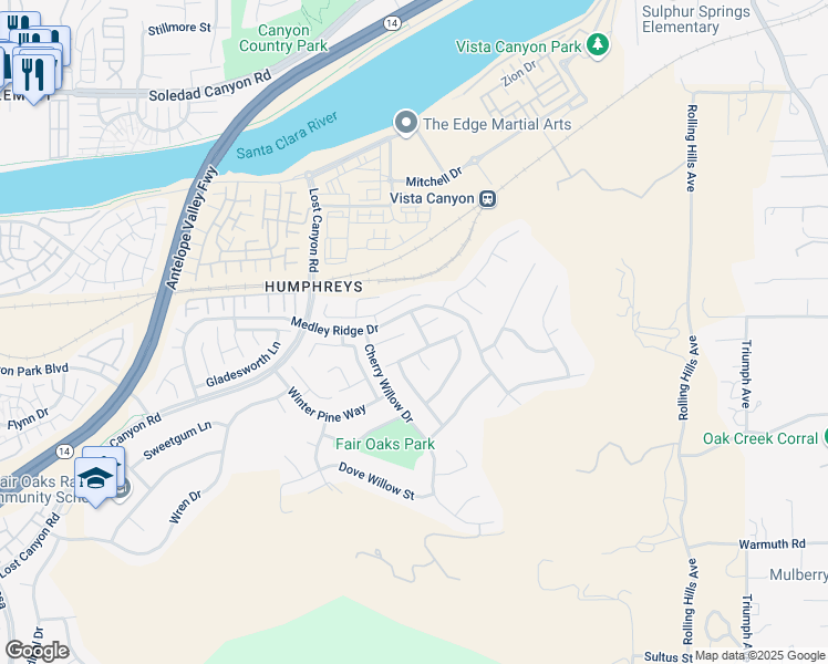 map of restaurants, bars, coffee shops, grocery stores, and more near 27217 Icy Willow Lane in Santa Clarita