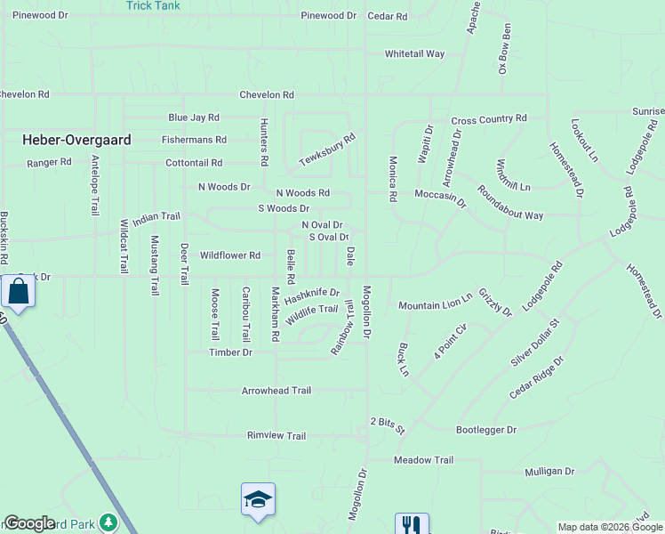 map of restaurants, bars, coffee shops, grocery stores, and more near 2880 Center Road in Heber-Overgaard